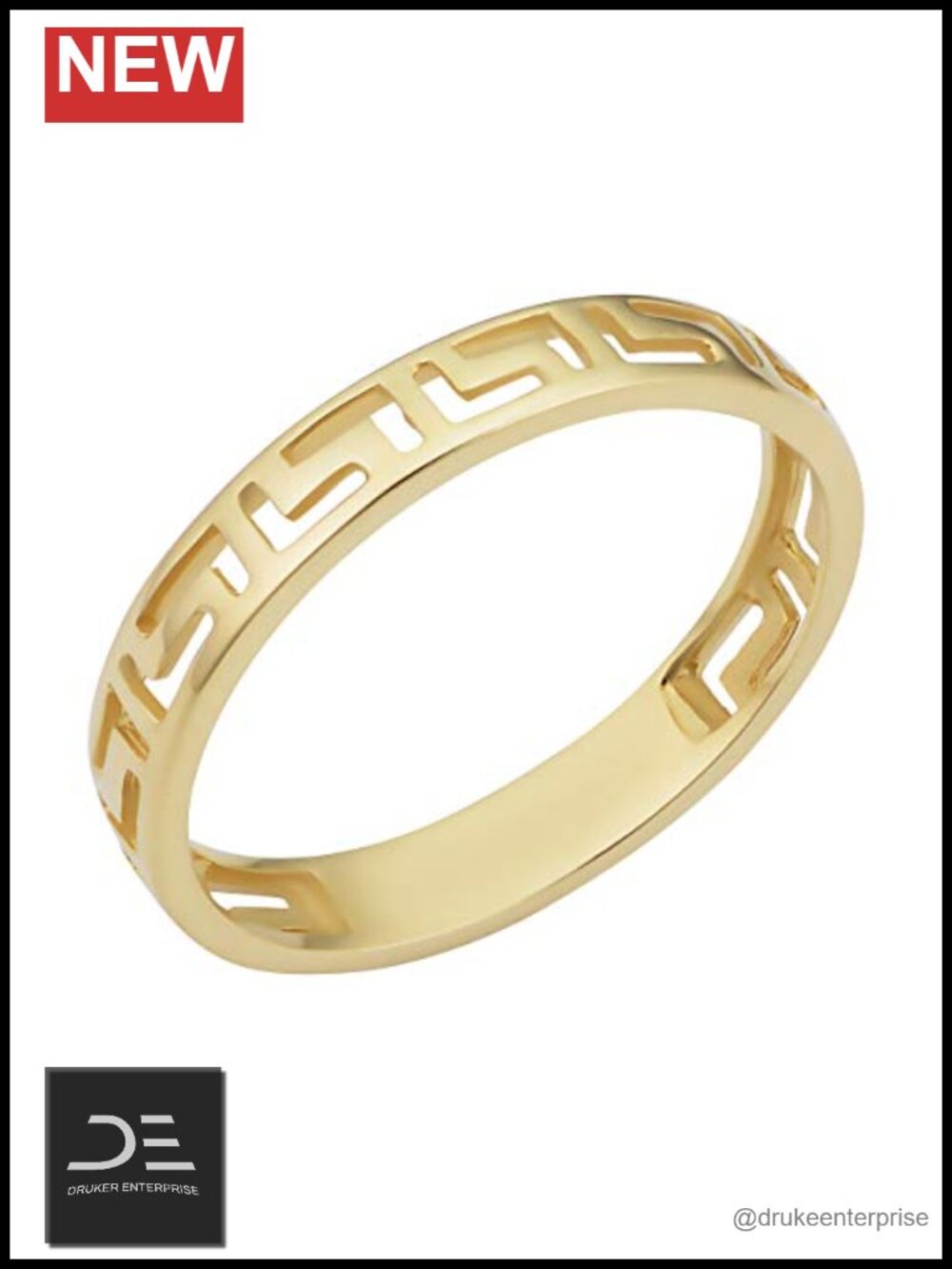 14k Yellow Gold Greek Key Band Ring 3.2mm Unisex Stackable Midi Thumb Ring